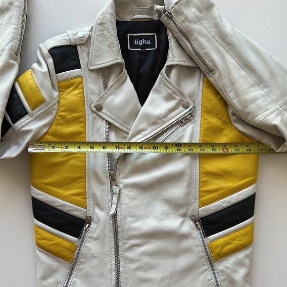 Tigha Leather Biker Jacket in White Yellow Black - Picture 13 of 16